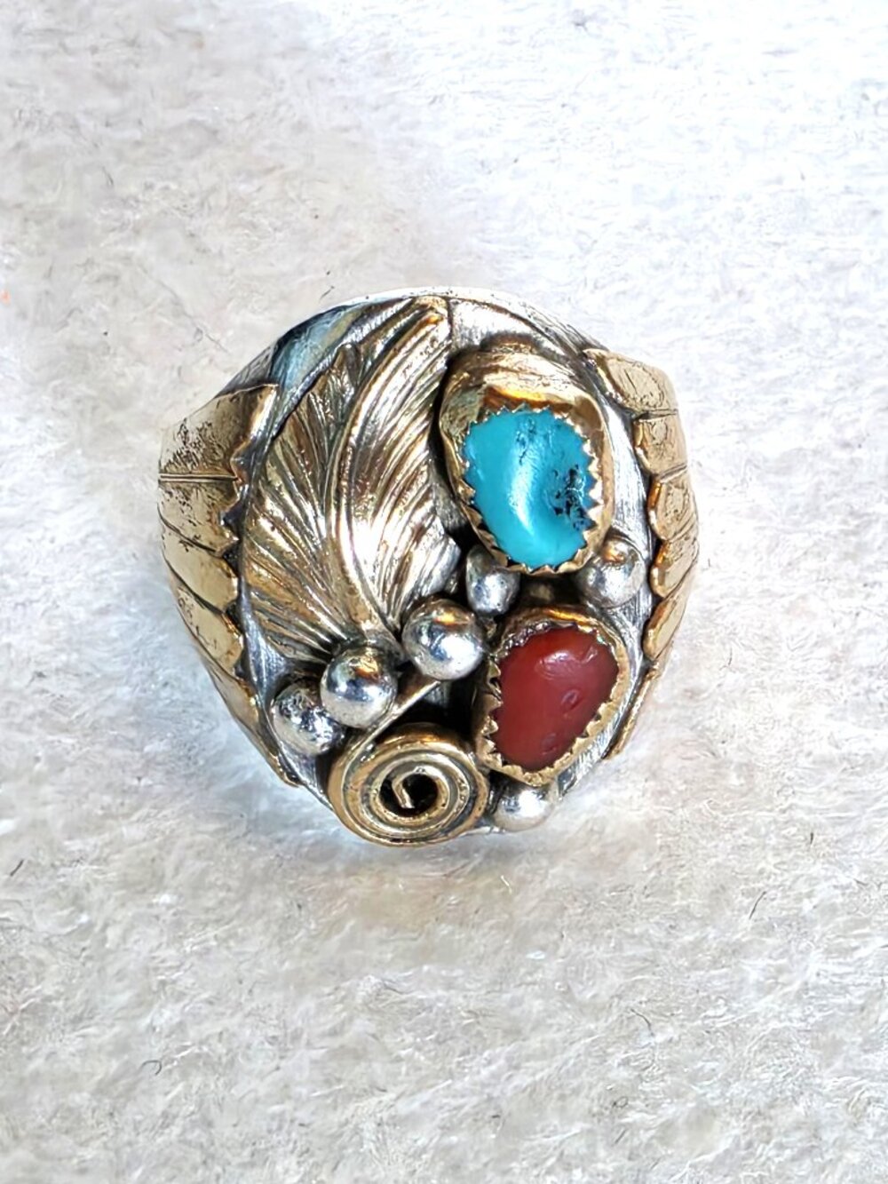 Navajo Sleeping Beauty Turquoise & Oxblood Coral Sterling Silver & Gold Ring